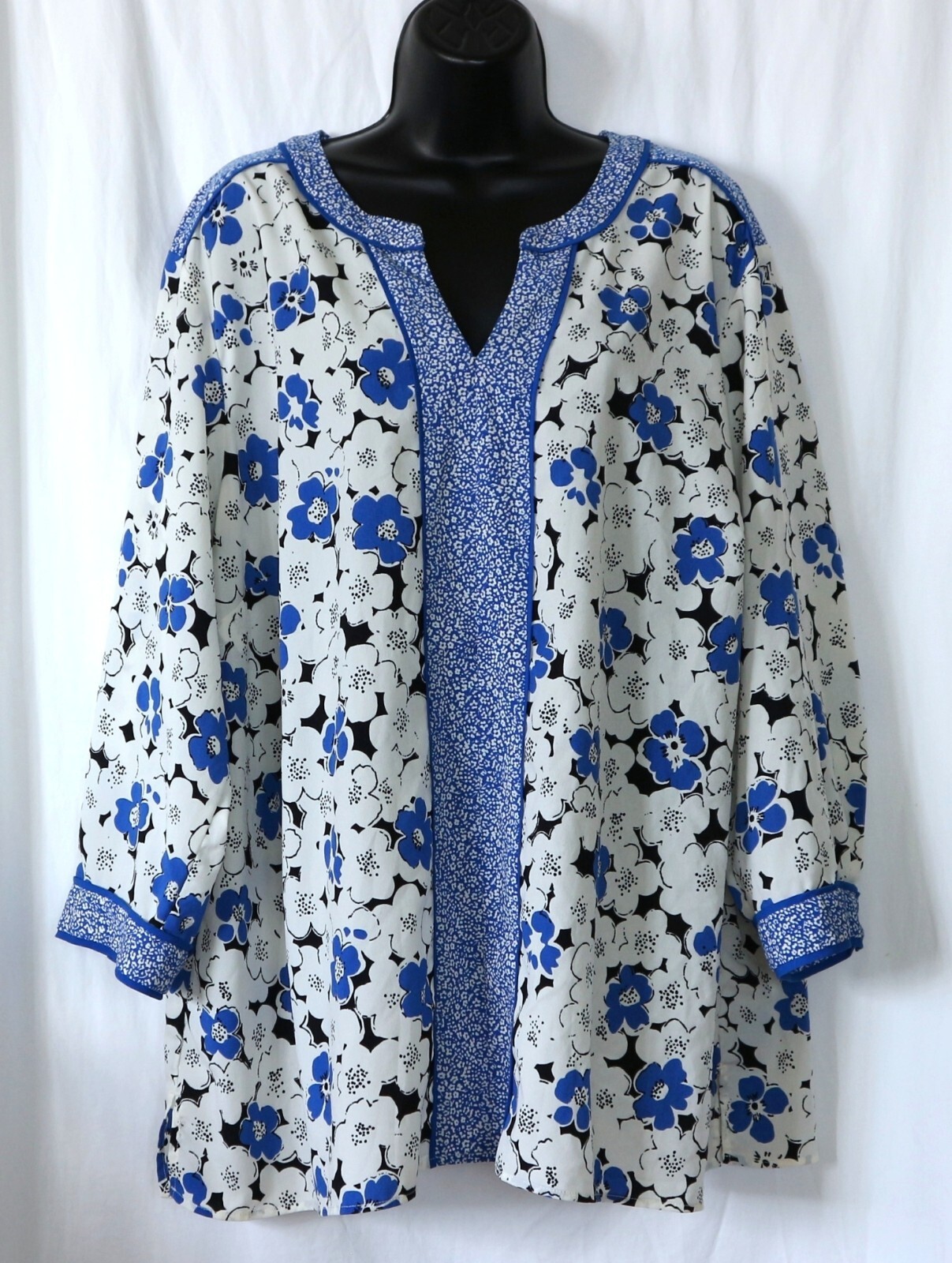 TALBOTS WOMAN Blue Floral Polyester VNck Tunic 55 In Chest 29.5 In Lng Sz 3X EXC