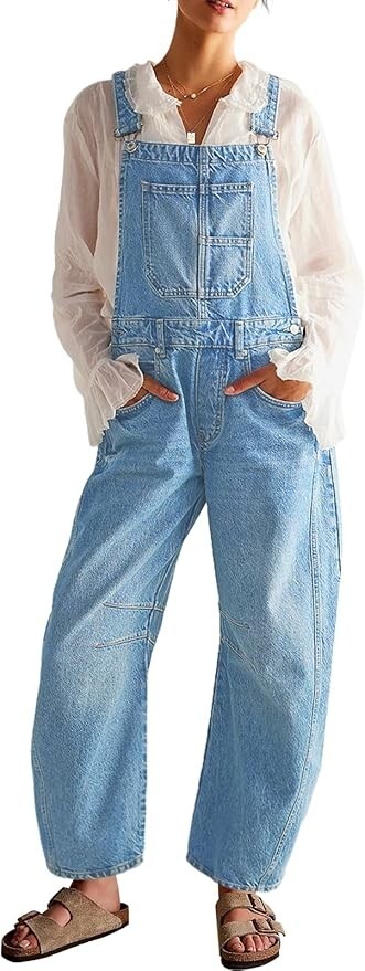 Women Casual Loose Baggy Jeans Pants Sleeveless Bib Jumpers with Pockets Barrel