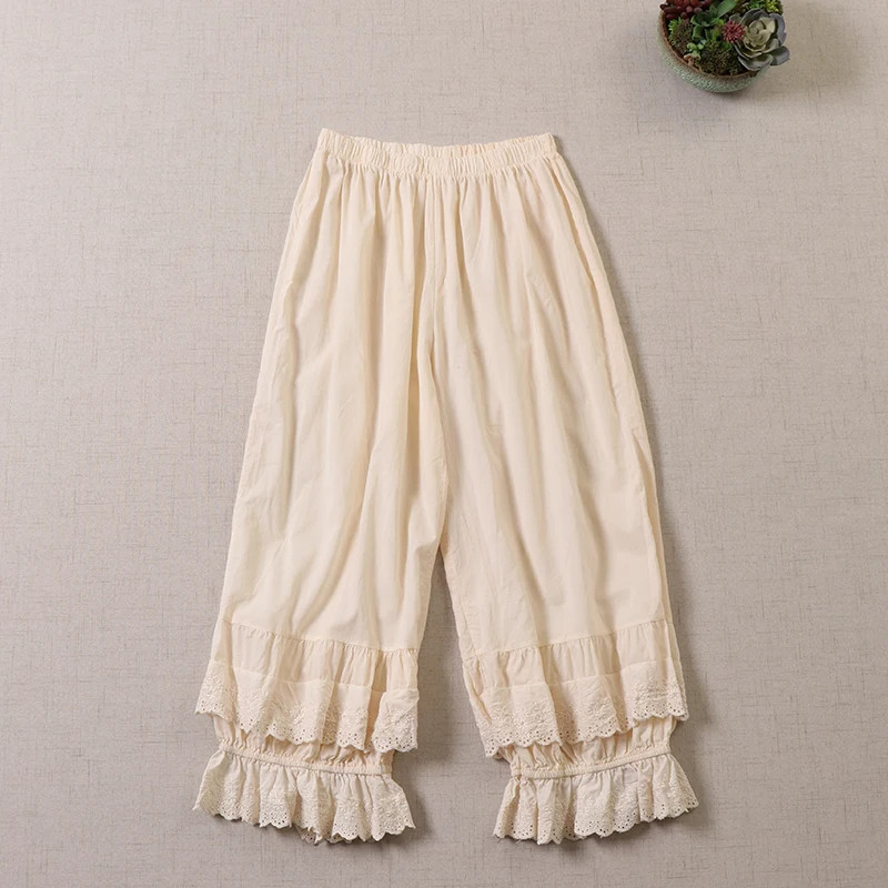 Japanese Sweet Mori Girl Lace Ruffled Wide Leg Pants Women Summer Elastic Waist
