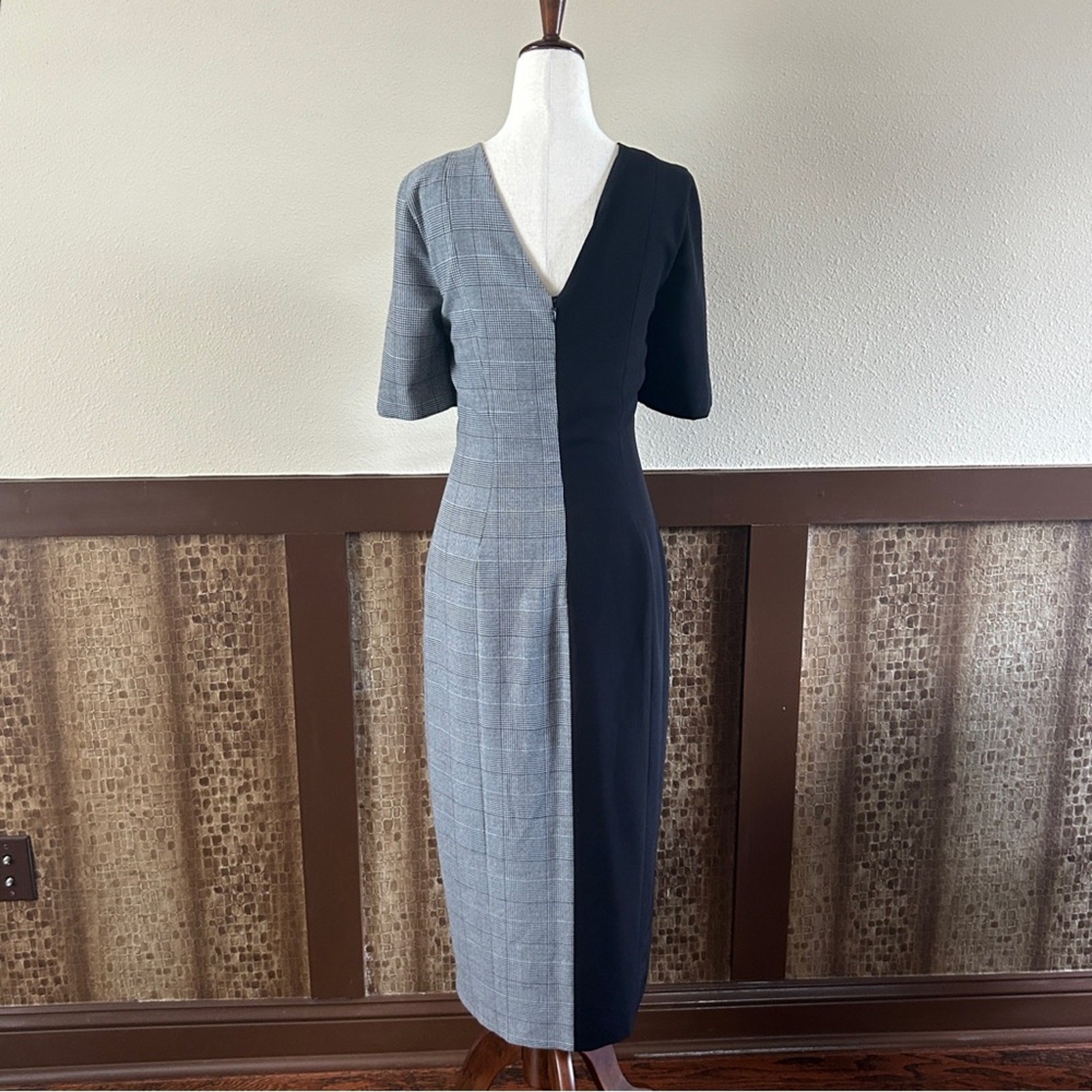 Fame & Partners Everly Button Front Black & Plaid Midi Dress Size 6