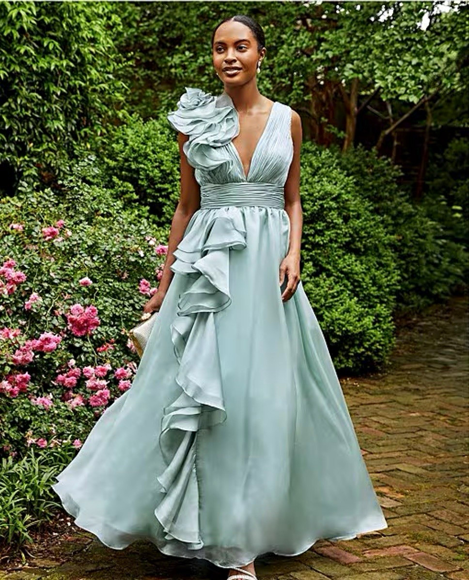 Mac Duggal Light Blue Chiffon One-Shoulder V-Neck Ruffle Long Gown Size 2