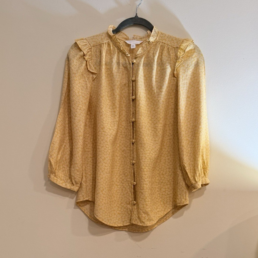 LC Lauren Conrad Blouse Yellow/White Ruffle Neck Puff 3/4 XS