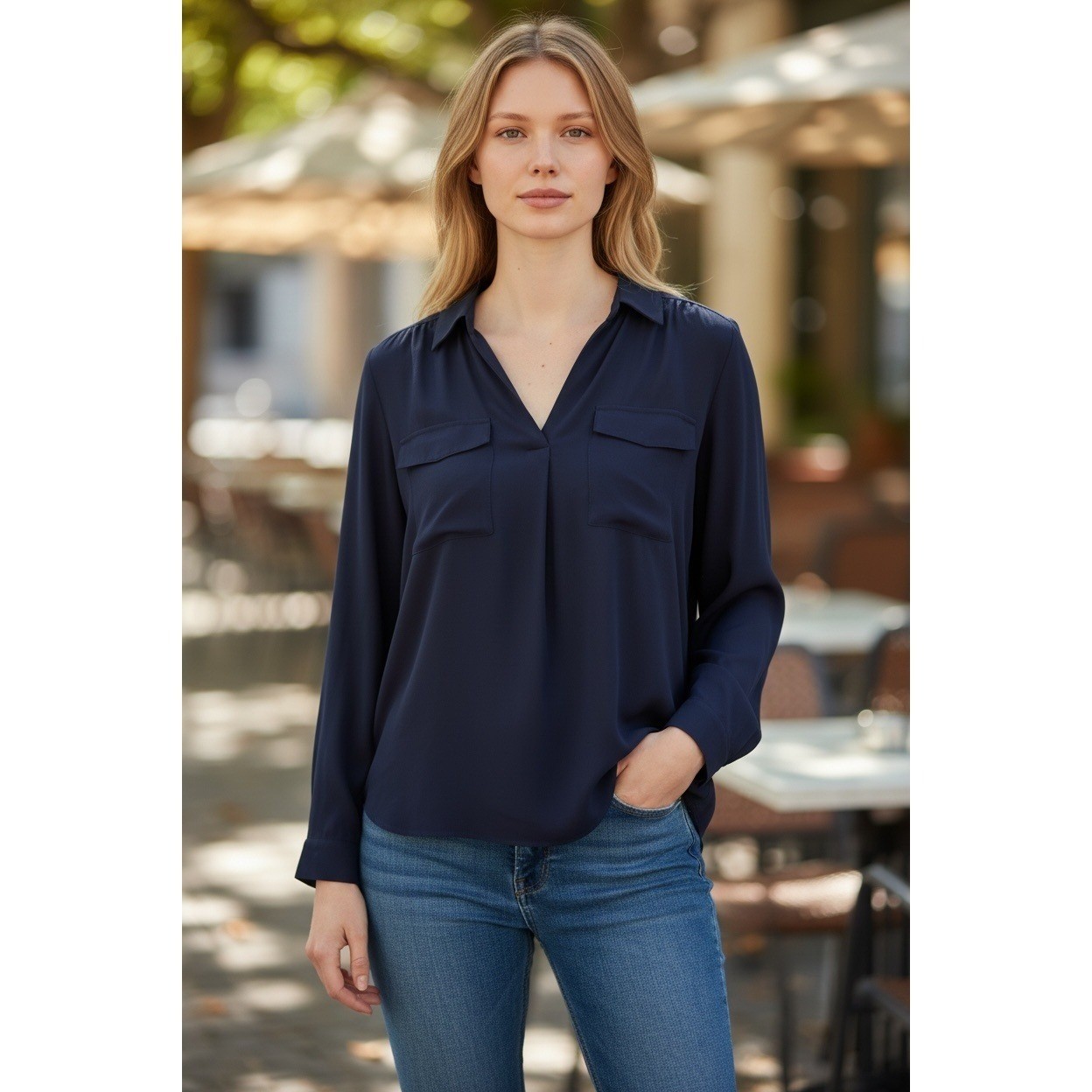 Ann Taylor Navy Blue V-Neck Long Sleeve Blouse Pocket Popover Top Womens SP