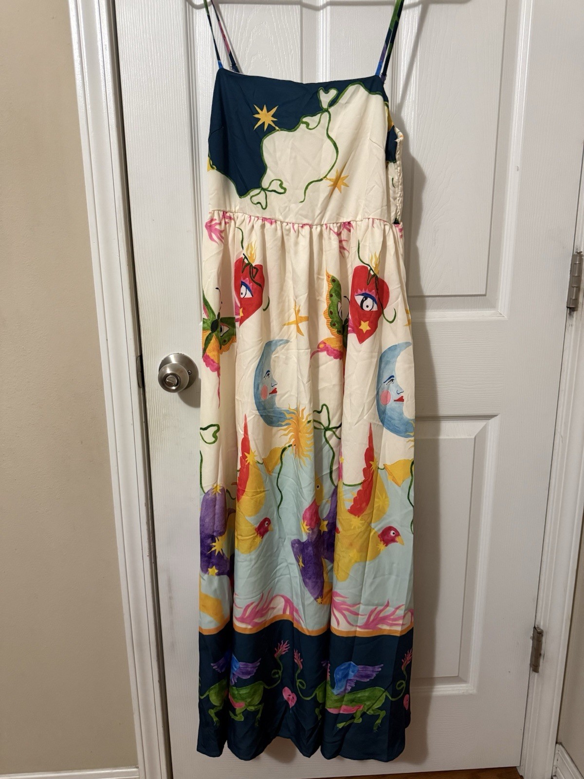Multicolor Bohemian Graphic Print Smocked Strappy Maxi Dress- Fits M