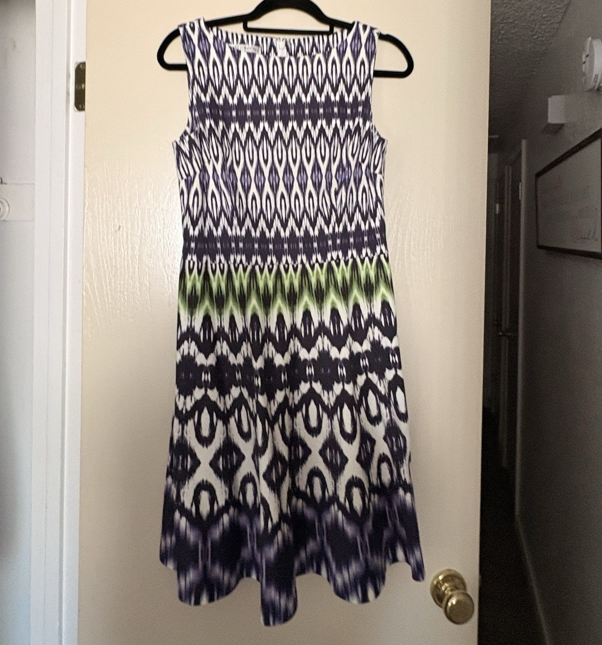 Maggy London Blue White Green Geometric A-Line Round Neck Sleeveless Dress 6