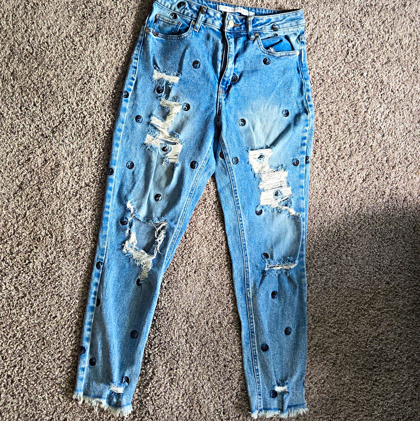 Tinseltown Women’s Blue Denim Light Wash Boyfriend Jeans Distressed Polka Dot 7