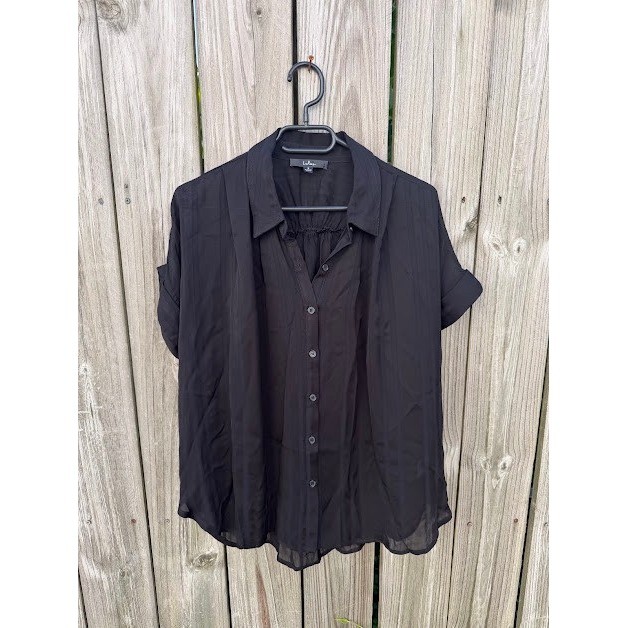 Sheer Lulus Button Down Blouse Womens Small Black Shadow Stripe Short Sleeve Top