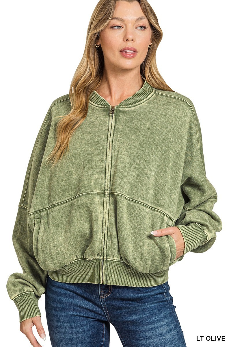 Zenana Acid Washed Fleece Jacket – Lt. Olive – Small