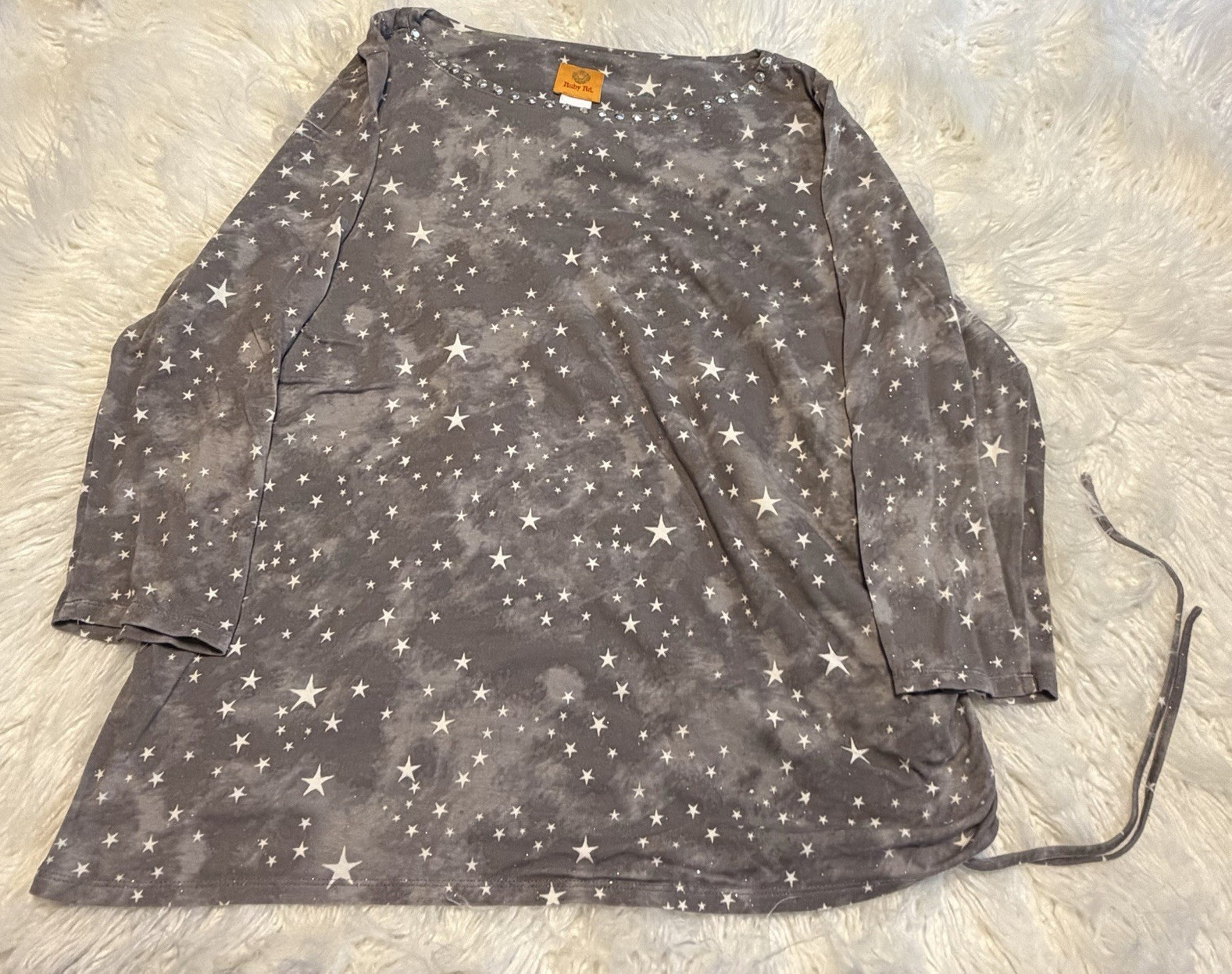 Ruby Rd Women’s Large Gray Celestial Star Print 3/4 Sleeve Ruched Side Top