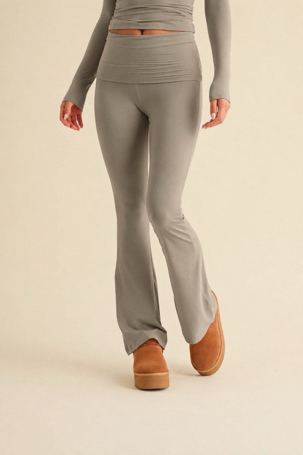 Kimberly C Soft Foldover Flare Pants Taupe Lounge Yoga Stretch Small