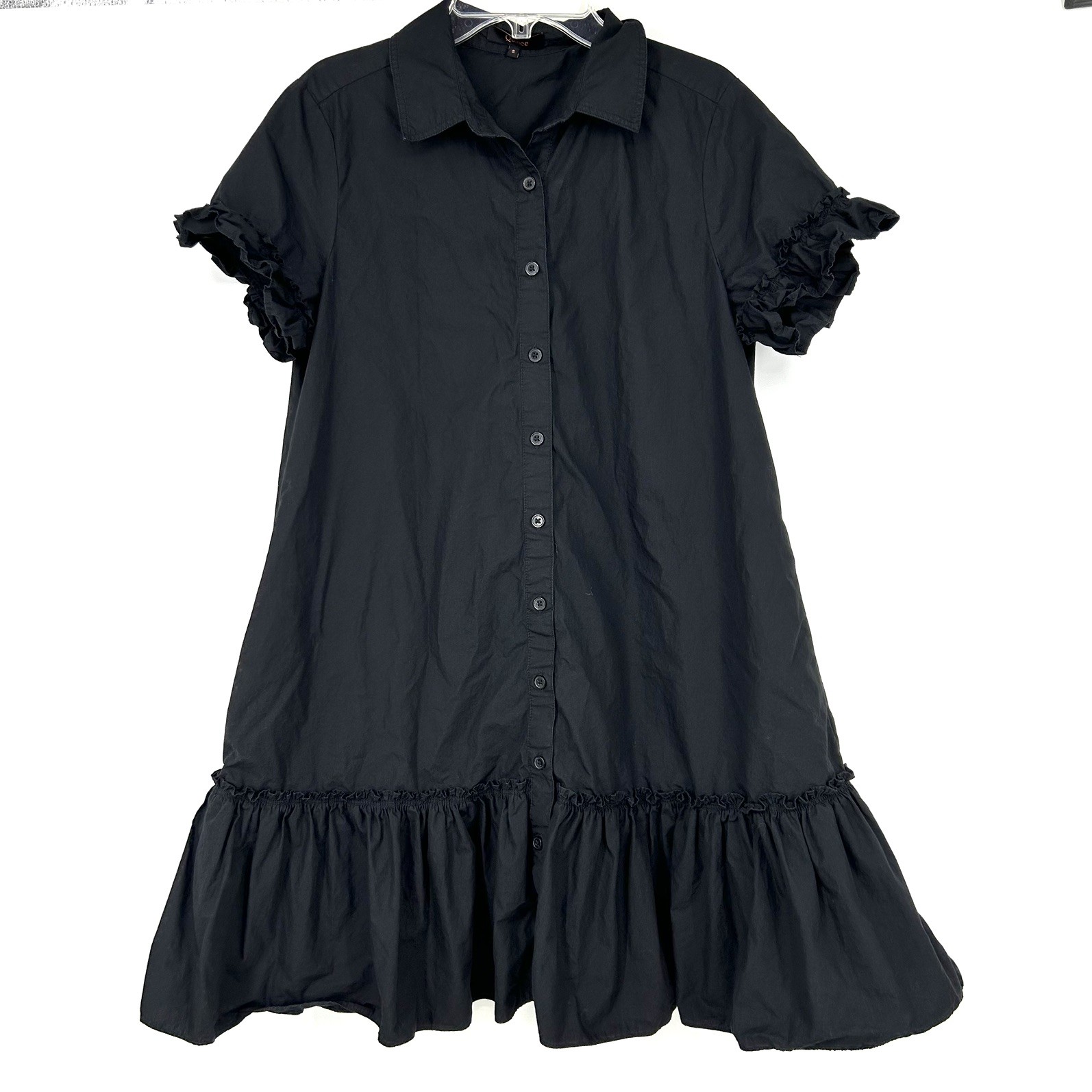 Quince Small 100% Organic Cotton Poplin Short Sleeve Ruffle Shirt Dress Black