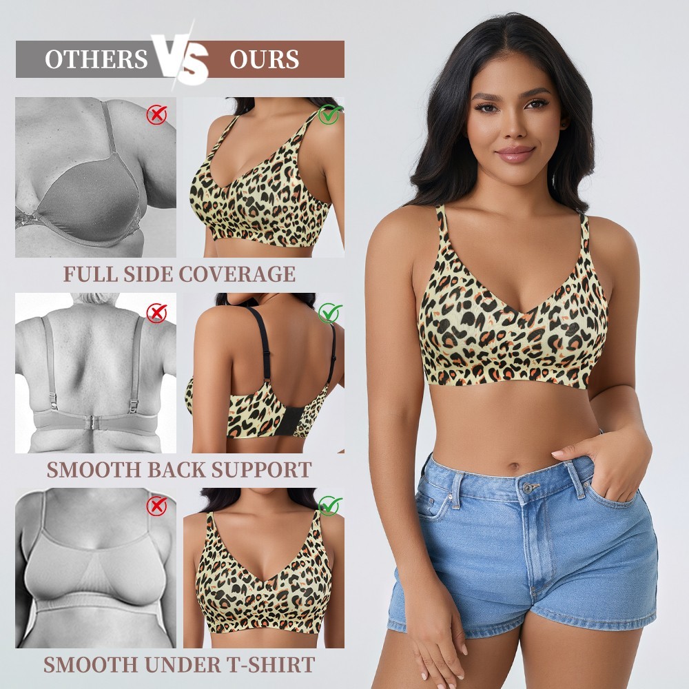 Women Leopard Print Wireless Deep V Push Up Full Coverage Comfort Bra