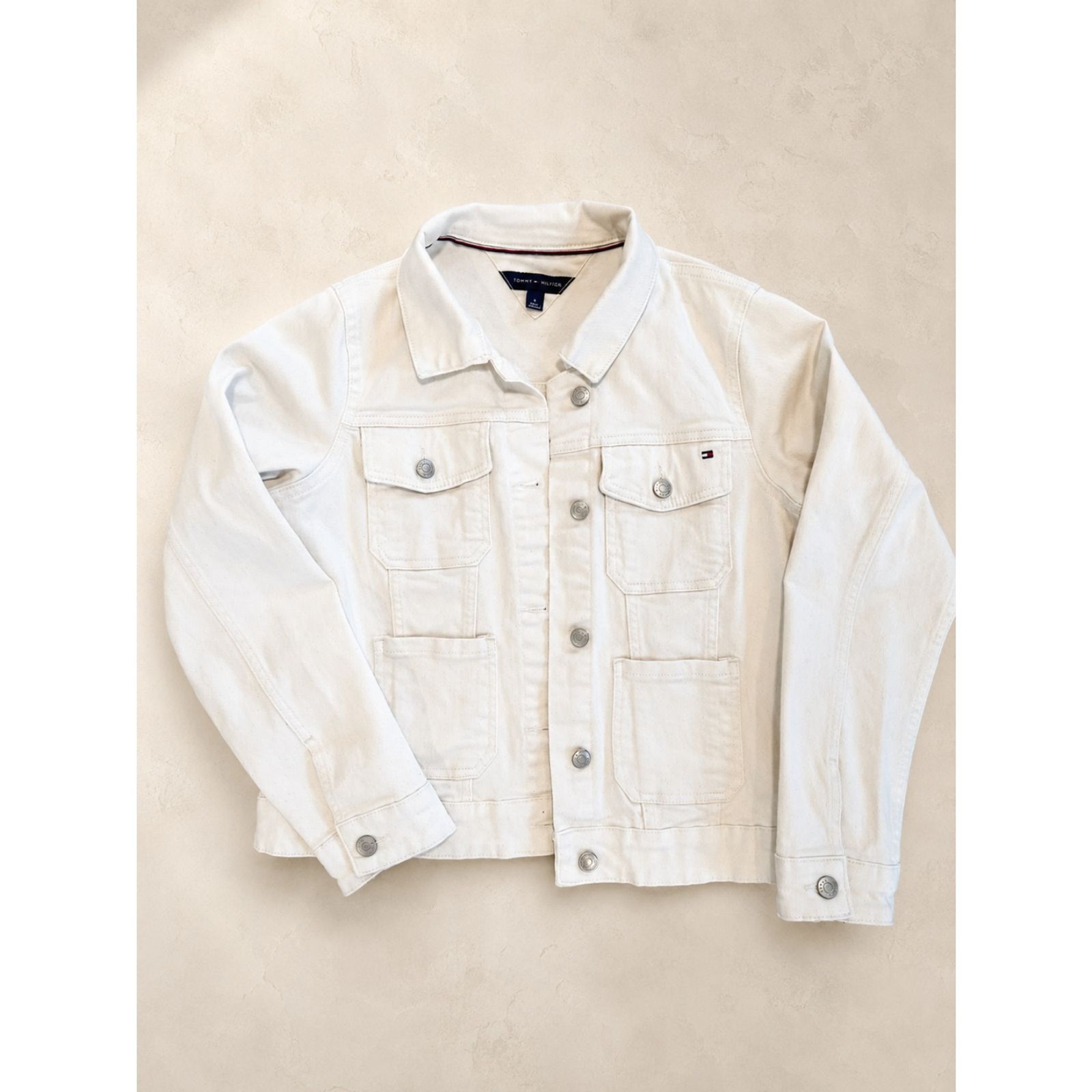 Tommy Hilfiger White Denim Jacket Women’s Medium Stretch Cotton Utility Trucker
