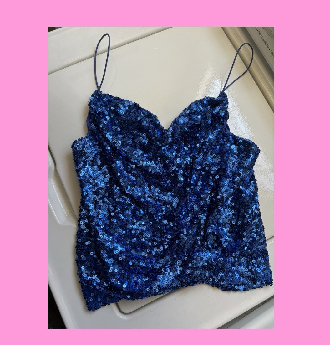 THIRTY/THIRTY U/A Blue Sequin V-Neck Spaghetti Strap Cami Tank Top L