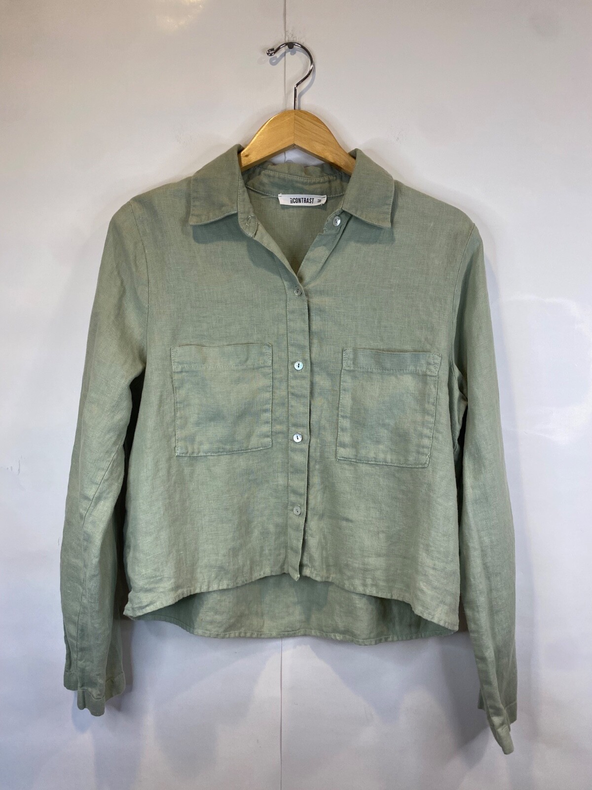 Self Contrast Light Green Linen Shirt Button Front Pockets Long Sleeve Medium