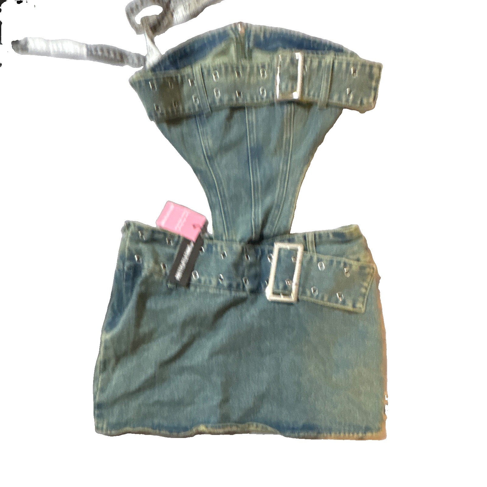 PrettyLittleThing Blue Denim Strapless Belted Zip Mini Dress UK 10 NWT