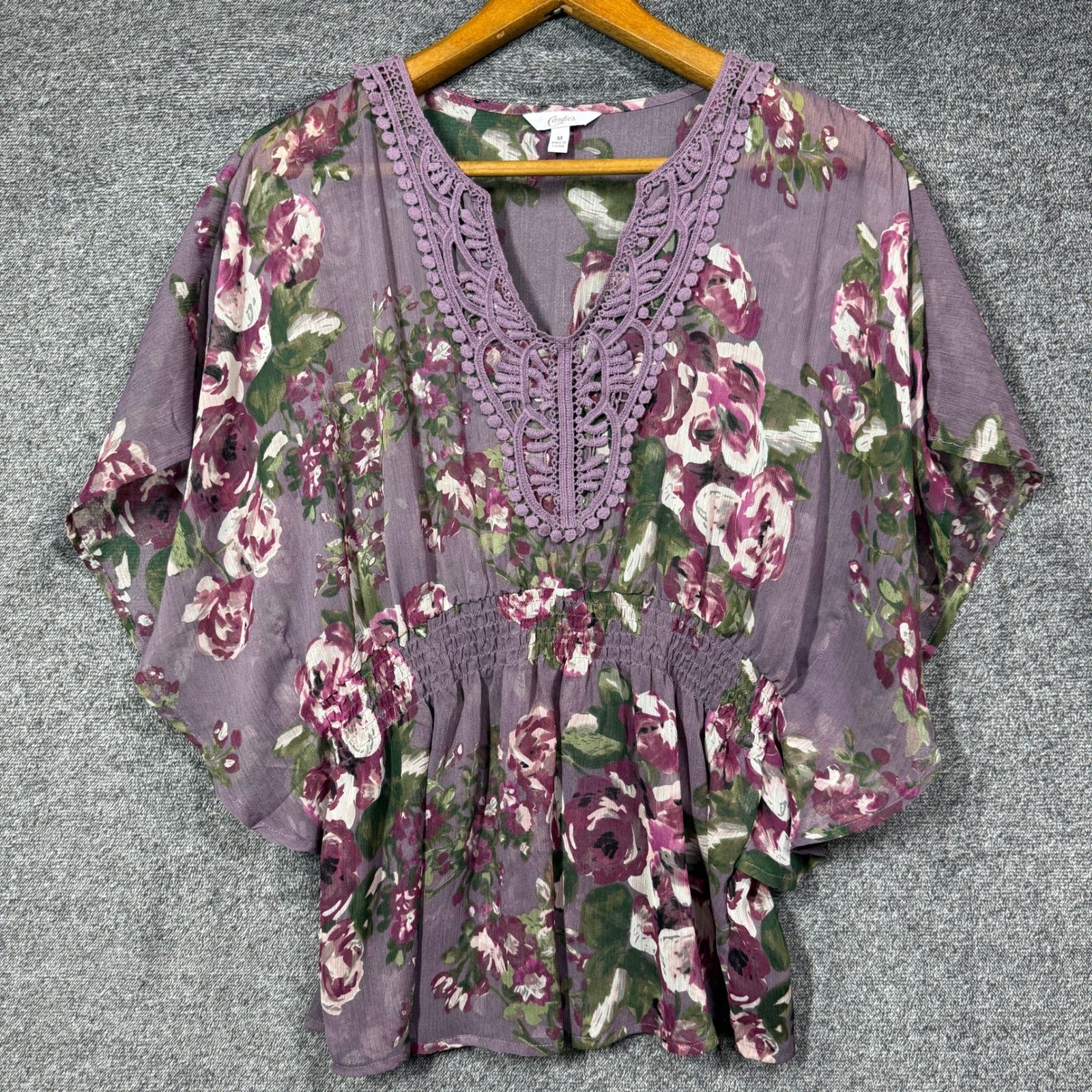 Candies Blouse Size M Floral Boho Purple Crochet Lace V-Neck Smocked Waist Top