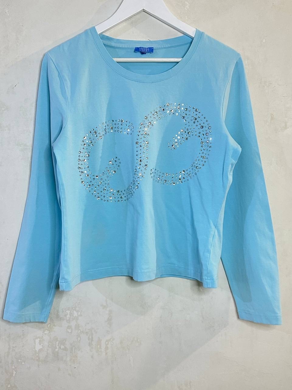 Escada Sport Light Blue Crystal Long Sleeve Top XL Cotton Blend Crew Neck Tee