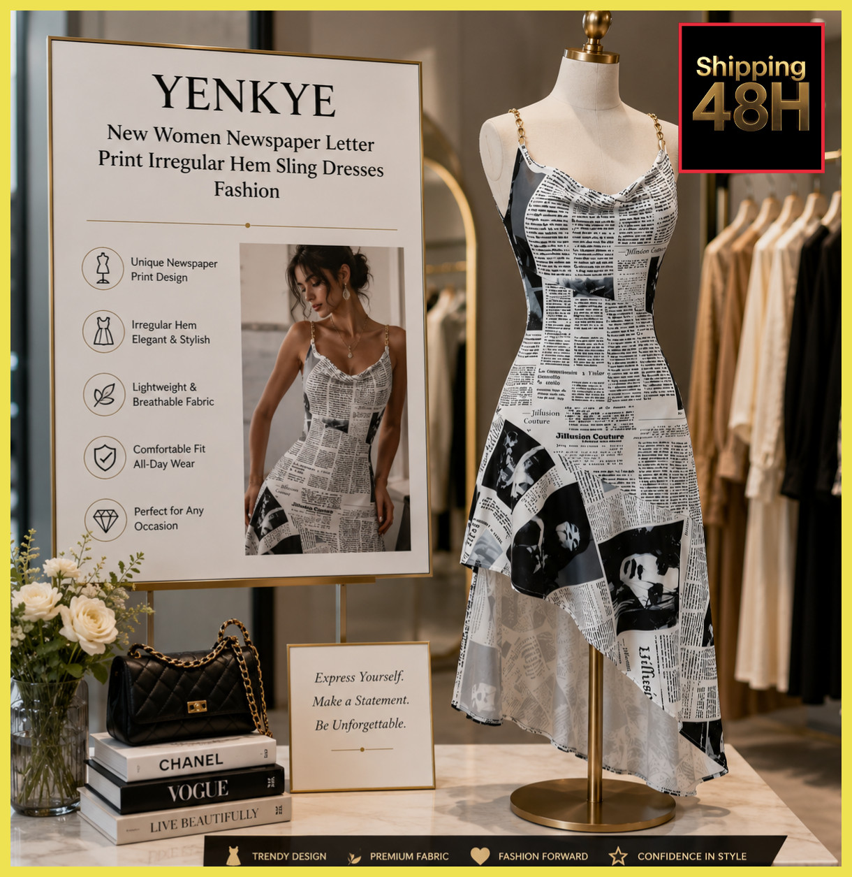 YENKYE New Women Newspaper Letter Print Irregular Hem Sling Dresses Fashion
