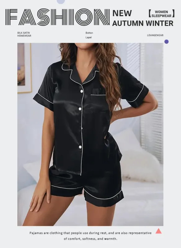 Women’s Pajamas Set Satin Sleepwear Button Down Tops and Shorts Pajama 2