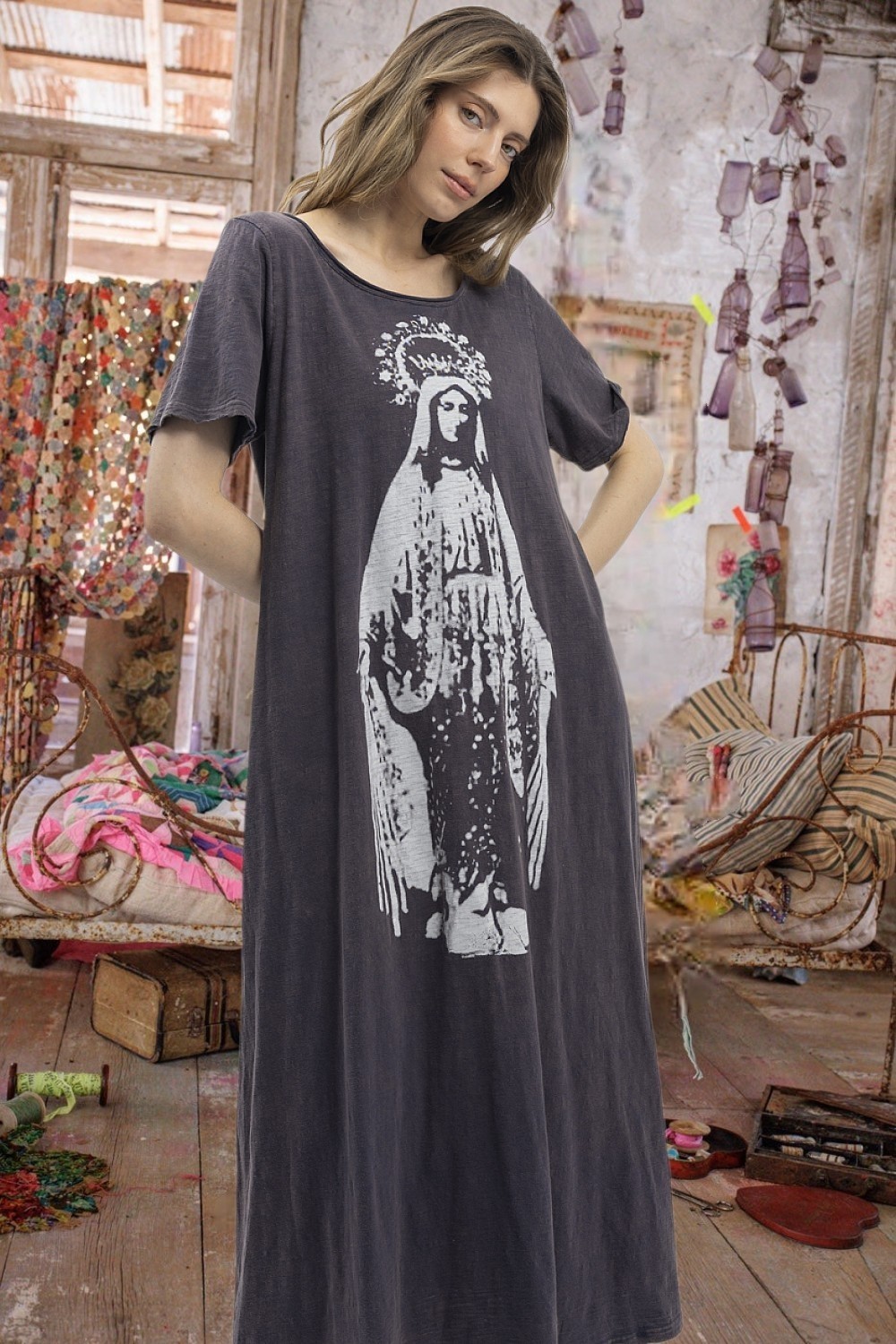 Bluevelvet free style bohemian maxi peasant boho distressed Gray dress S, M, L