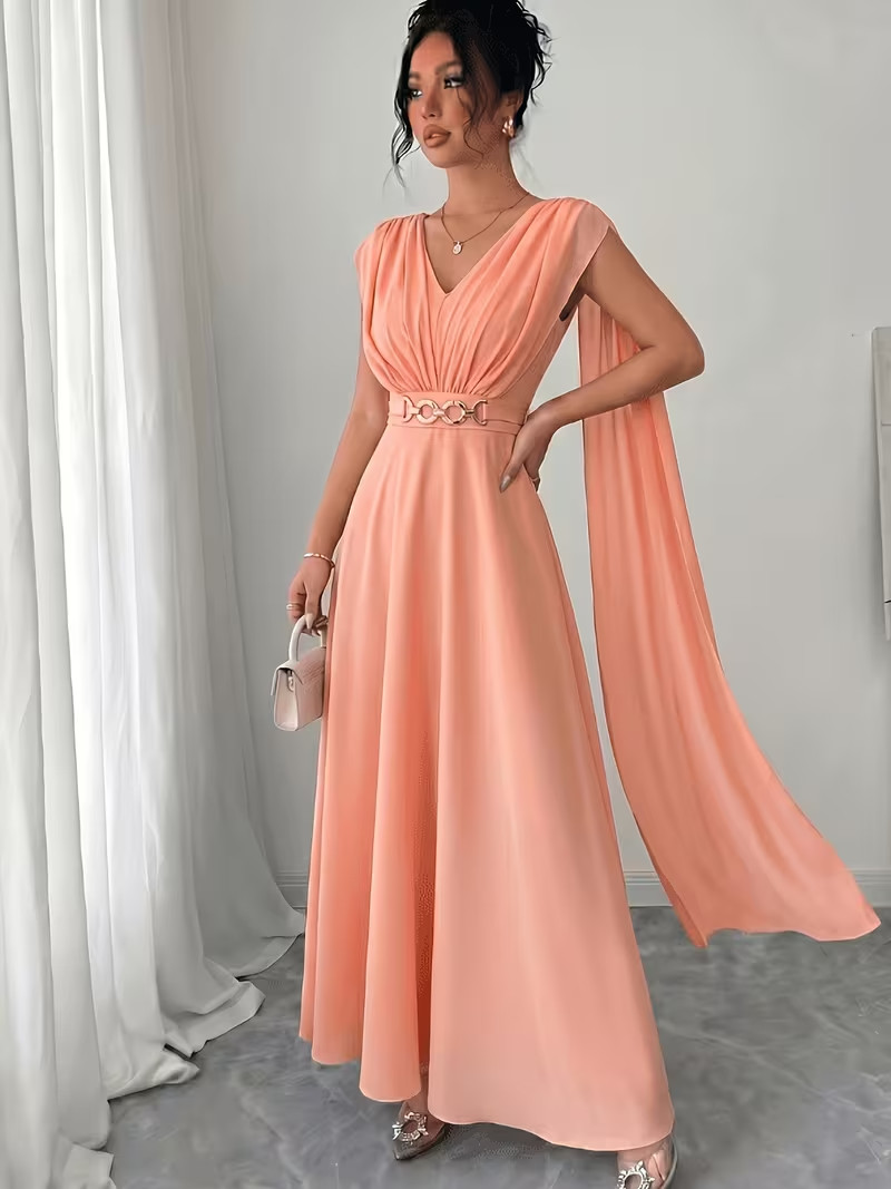 Elegant Chiffon Rushed Puff Sleeve Dress with Buckle Belt