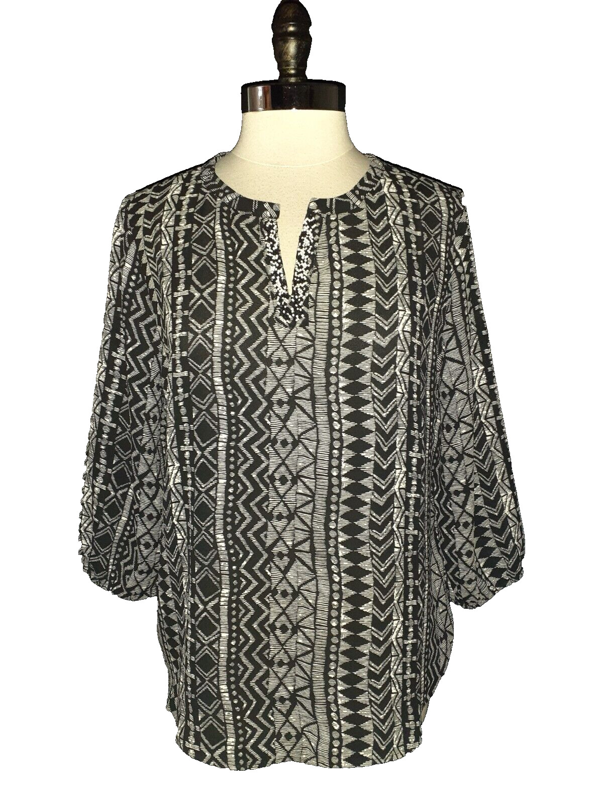 CHICO’S Size 2 12 14 L Blouse Shirt Top Black White 3/4 Sleeve Beads