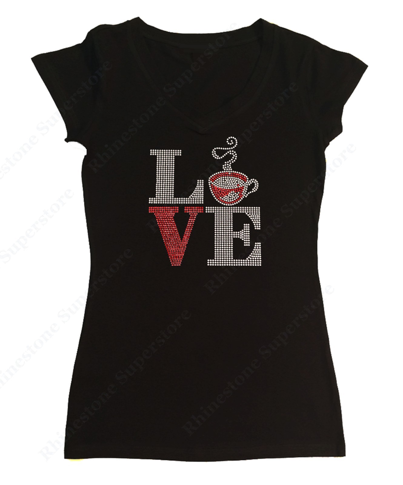 Women’s Spangle T-Shirt ” Love Coffee ” in S, M, L, 1X, 2X, 3X