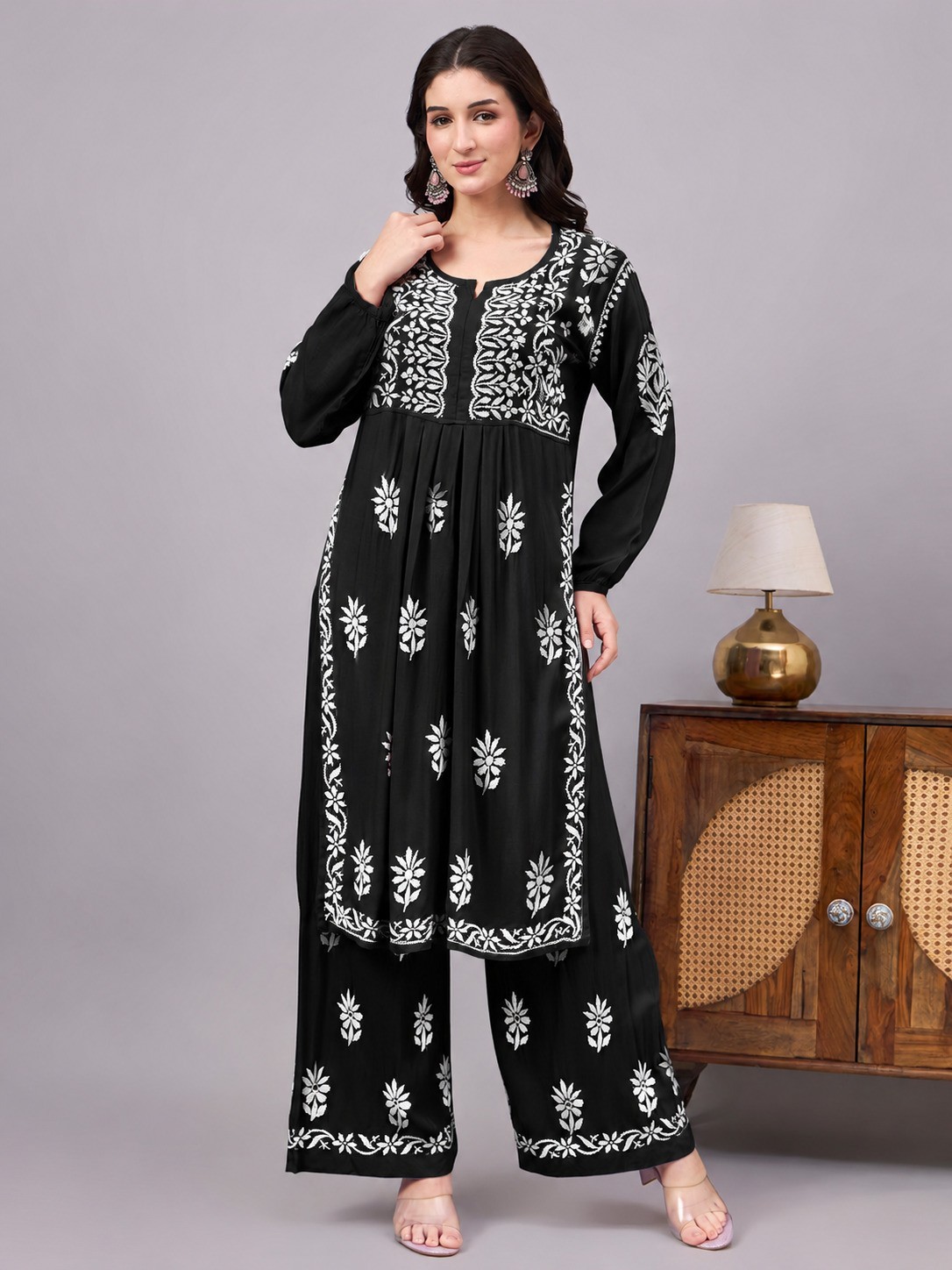Women’s Rayon Chikankari Kurta Palazzo Set Black, Hand Embroidered, Ethnic Kurta