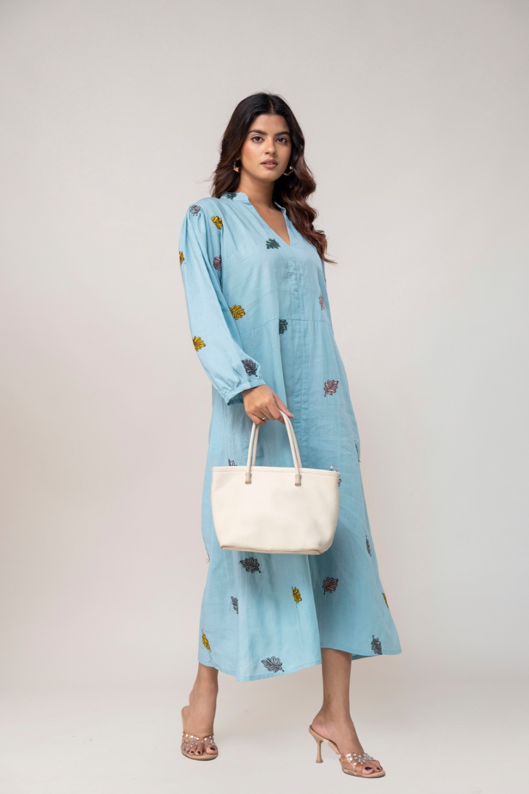 Hand Embroidered Cotton Midi Dress, Sky Blue Boho Leaf Print, Cottagecore Style