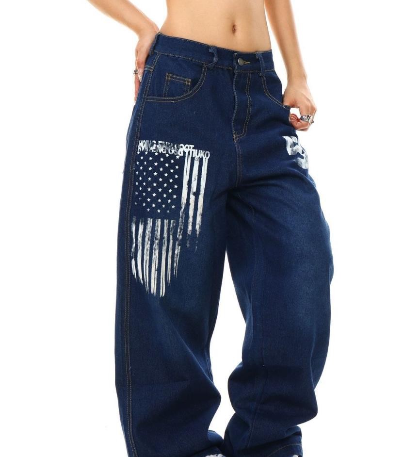 Womens Dark Blue Denim Jeans Straight Wide Stars Printed Pants Hippie Motorcycle