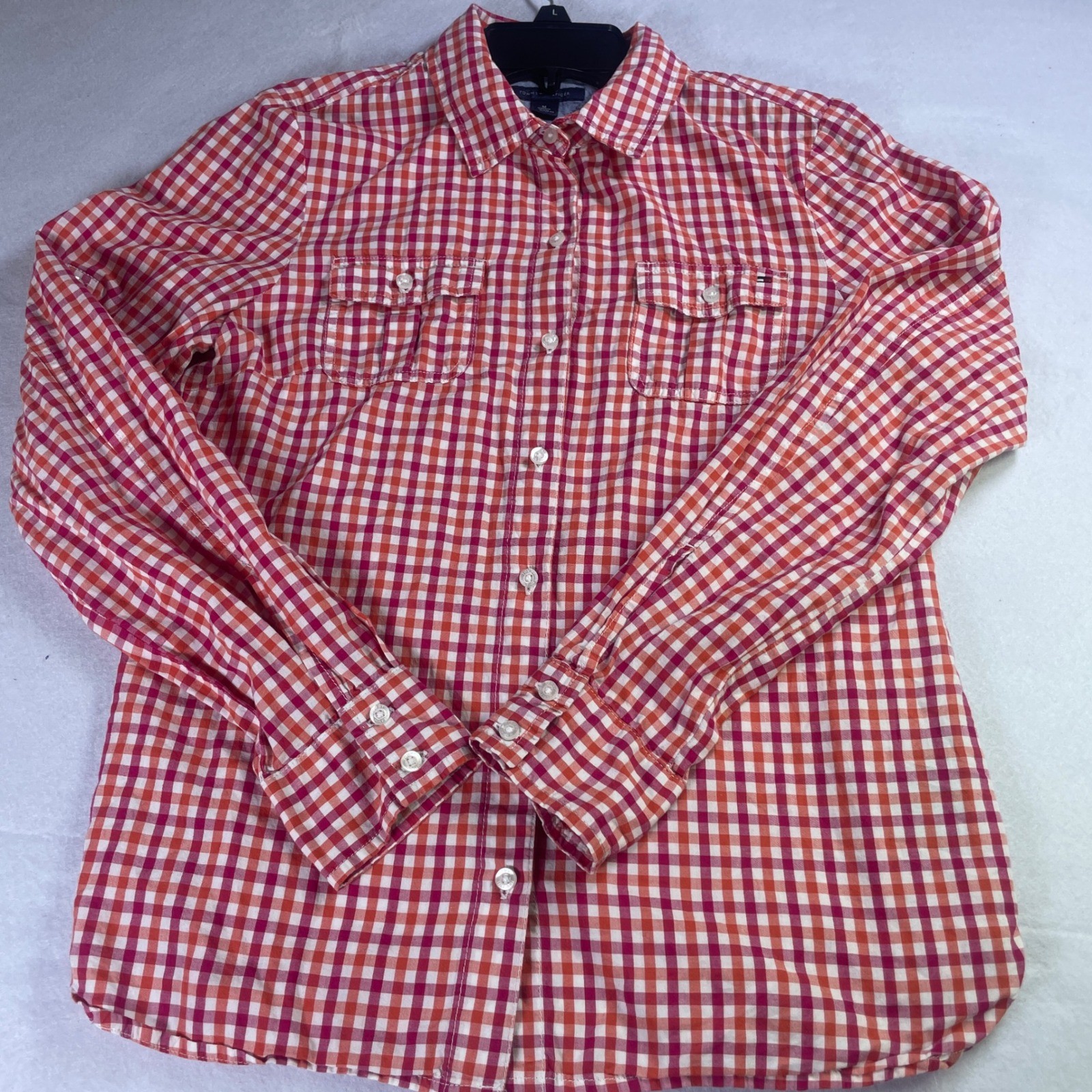 Tommy Hilfiger Womens Pink Orange Gingham Plaid Roll Tab Button Down Shirt M