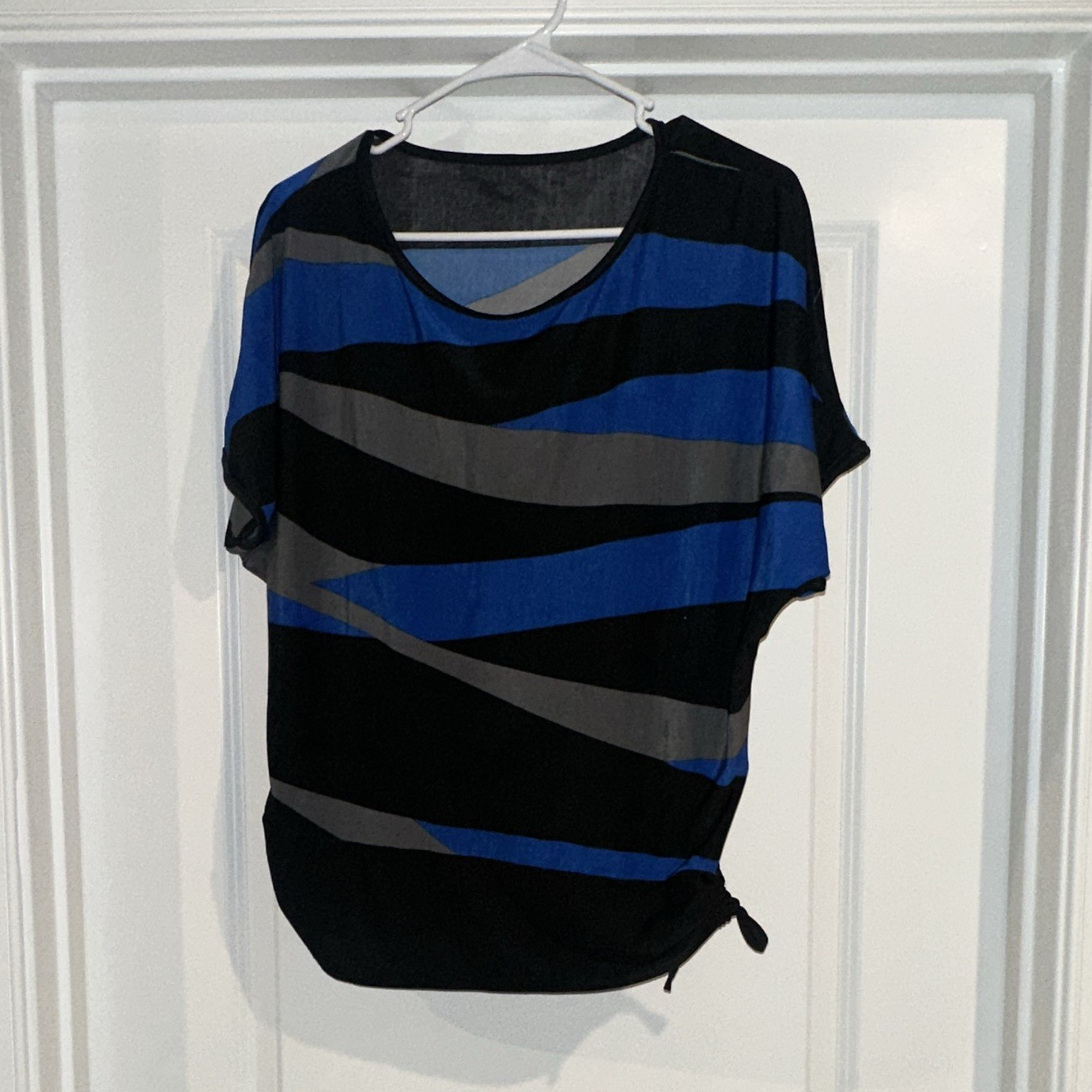Women’s Maternity Blouse Size M Blue/Black/Gray Striped Scoop Neck Side Tie