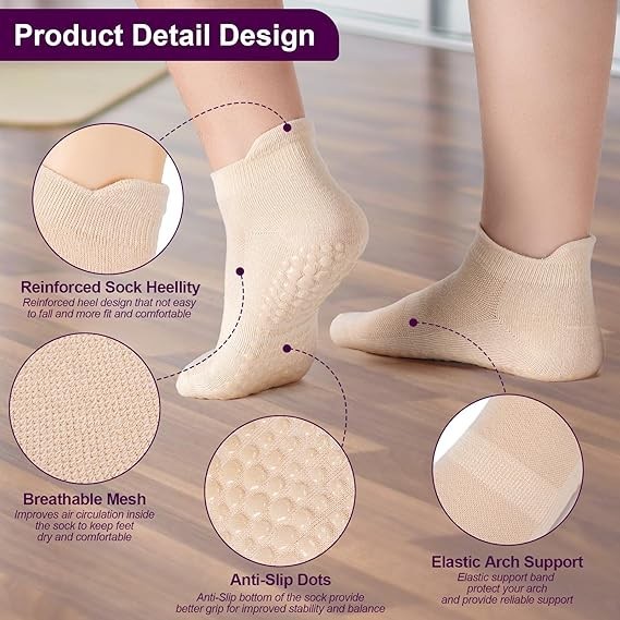 6 Pairs Women’s Yoga Socks with Grippers, Anti-Slip Pilates Dance Socks