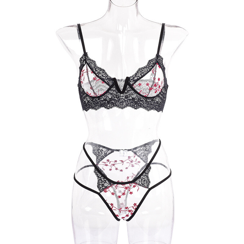 Sexy Womens Sheer Lace Bra Set Thong Panties G-string Lingeries Sleepwear Brief