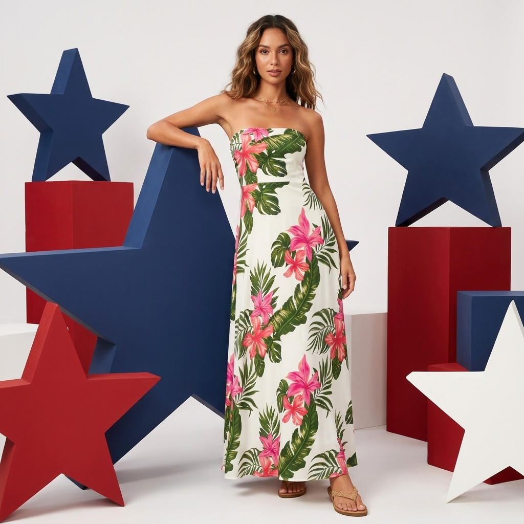 Womens Strapless Tropical Floral Maxi Dress White Summer