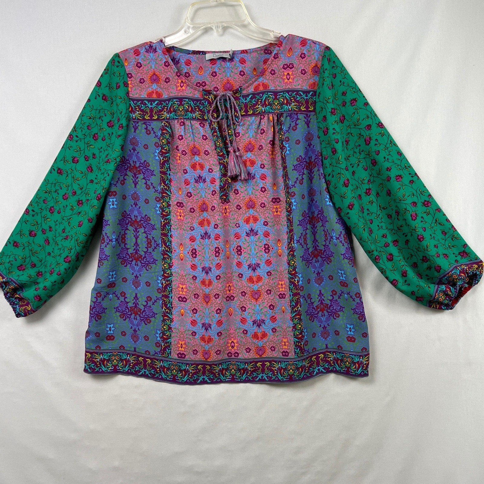 Dalia Peasant Blouse Womens Medium Pink Green Floral Tassel Boho Mixed Print