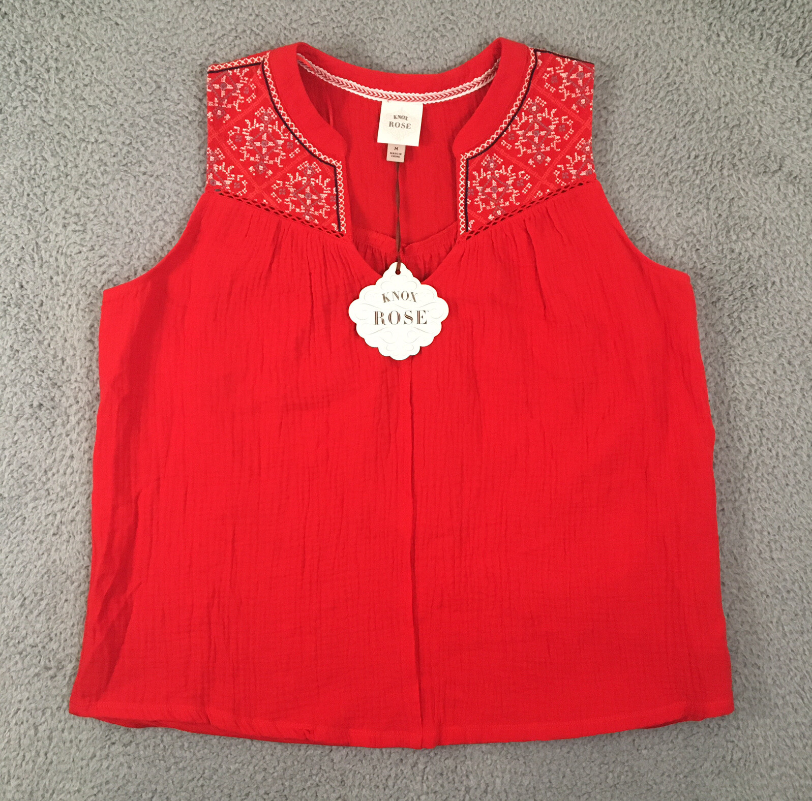 Knox Rose Women’s Medium Sleeveless Top Red Boho Embroidered Relaxed Tank