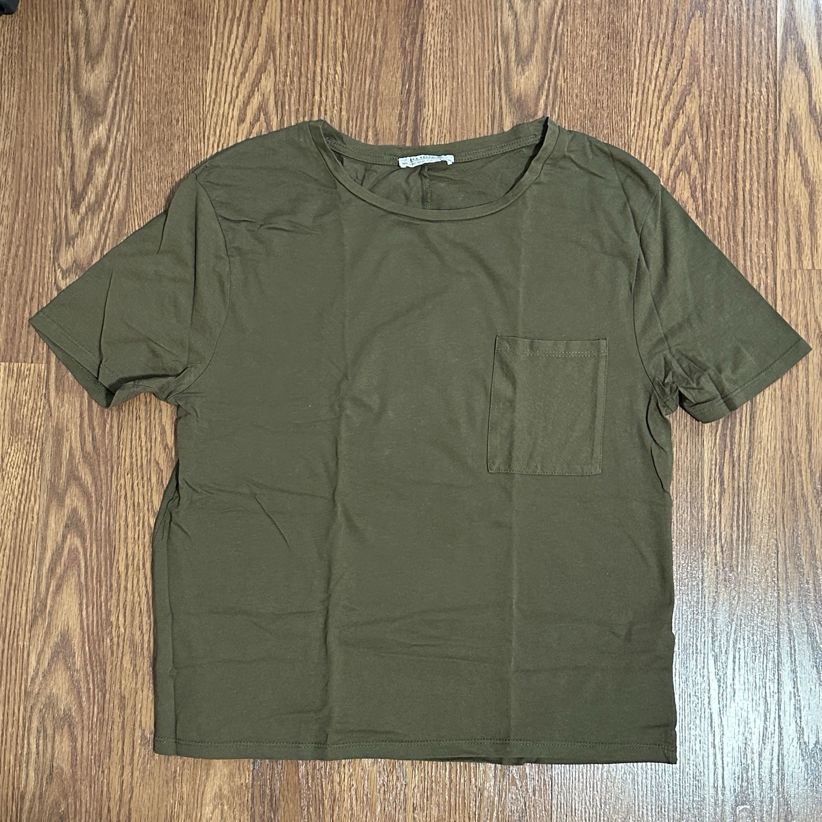 Zara T-Shirt Women’s Green Short Sleeve Pocket Crew Neck Sz S 100% Cotton
