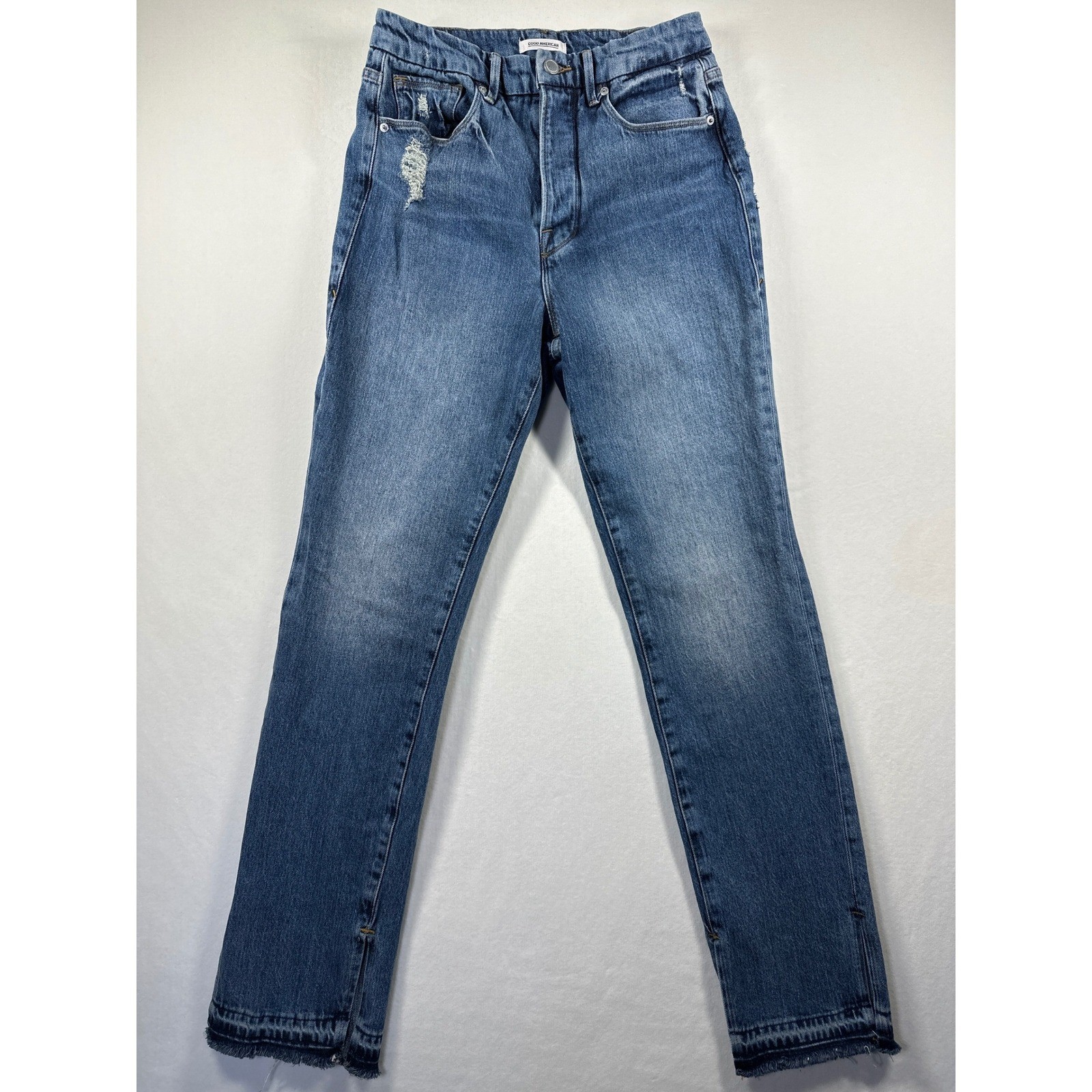 Good American Good Boy Jeans Distressed Button Fly High Rise Slit Cuffs NEW 6/28