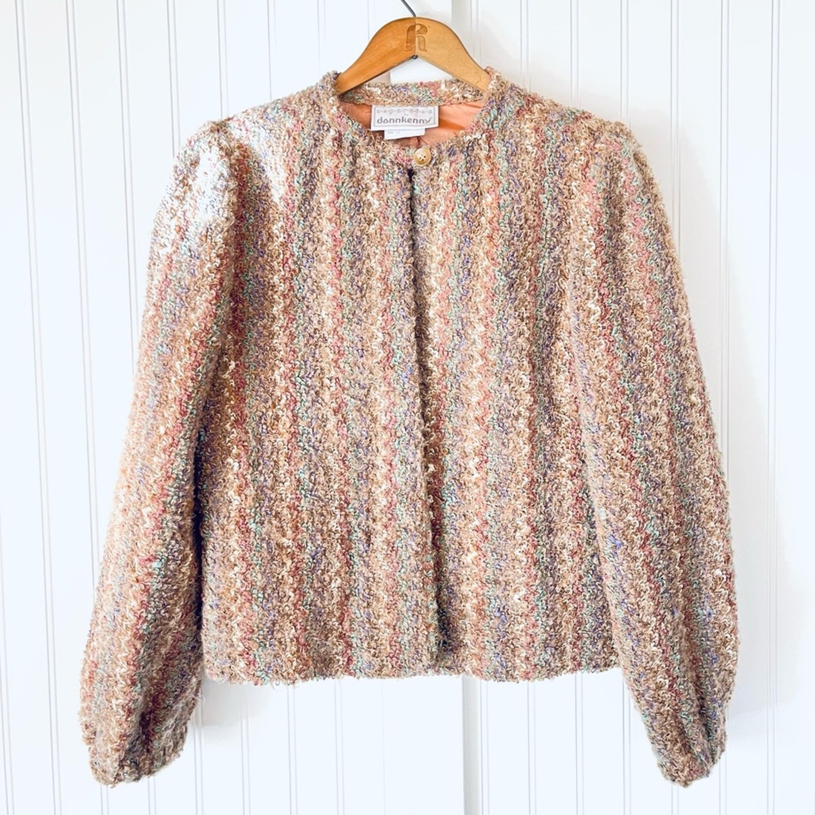Vintage Fuzzy Lambswool Sweater Open Jacket Cardigan Size 10 Colorful Stripe Med