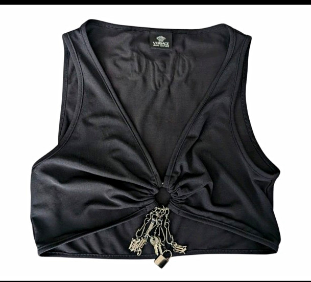 Versace Jeans Couture Women’s Black Solid Bikini Swim Top Tie Front Charm RARE