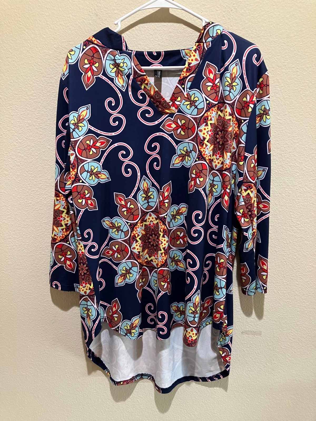 Trendimax Tunic Top Boho Paisley Retro 70s High Low Roll Tab Sleeve Womens L