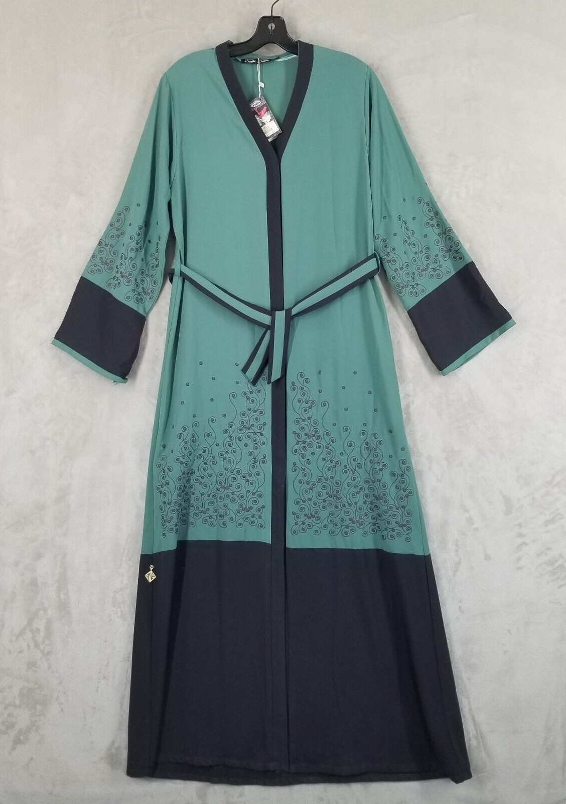 Abaya Dress Women 42 Green Black Embroidered Belted Robe Gown Modest Agiba Egypt