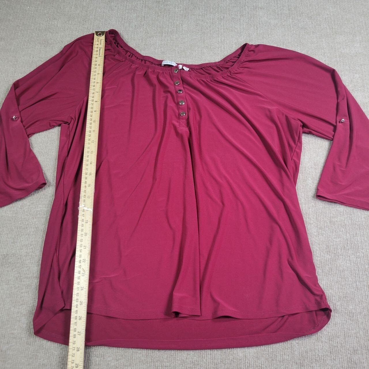 Notations Blouse Womens 2X Red Henley Neck Roll Tab Sleeve Casual Round Neck Top