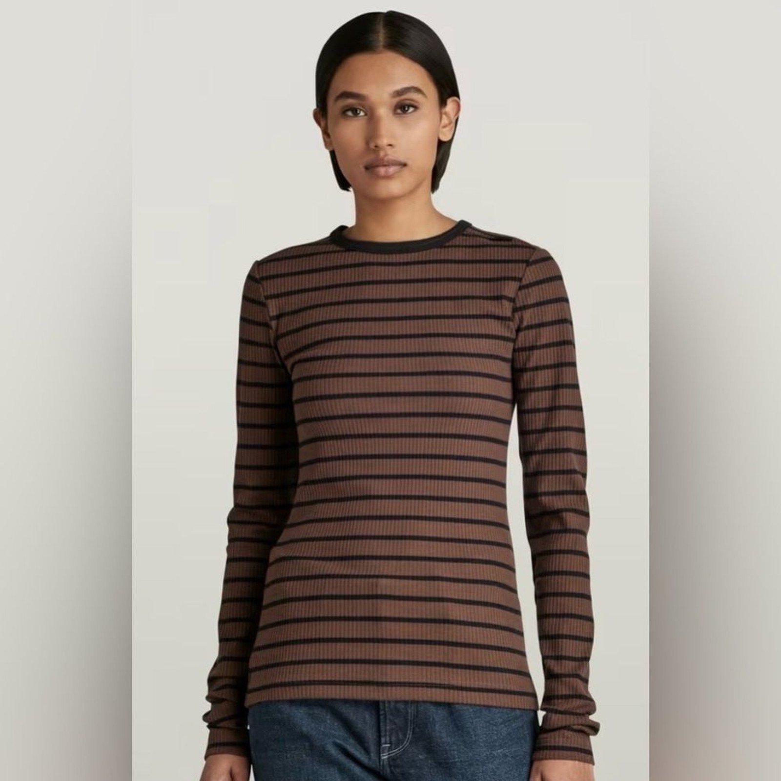 G-Star Striped Ribbed 95% cotton Long-Sleeve Tee in Brown and Black – size XXS