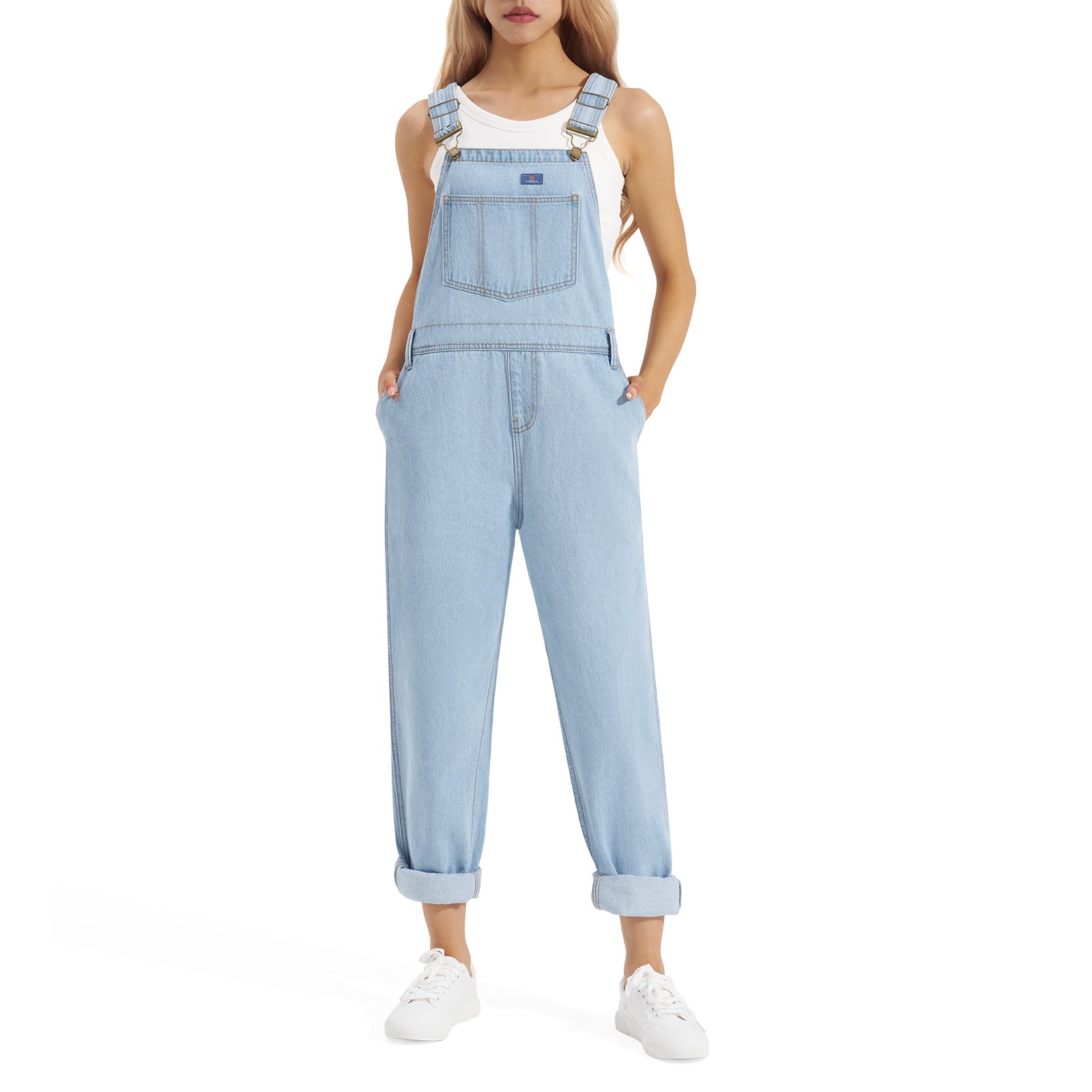 HISEA Women Denim Bib Overalls Anti-Wrinkle Carpenter Tapered Leg Dungaree Jeans