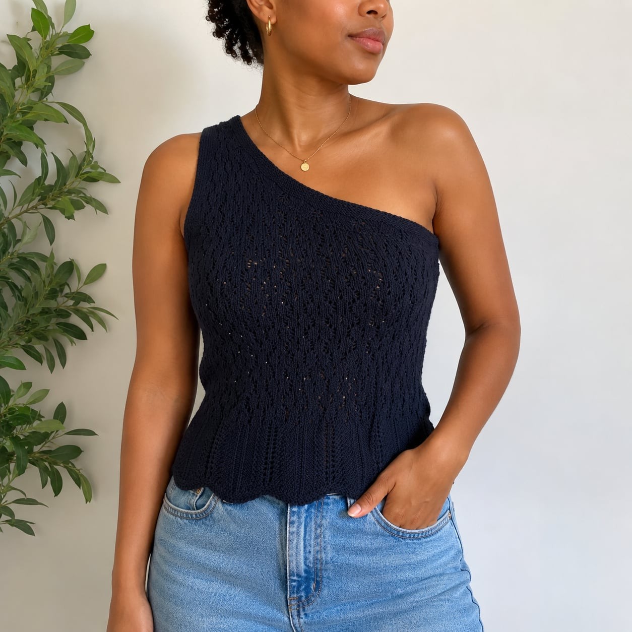 Zara Black One Shoulder Knit Sweater Top Size M Open Knit Asymmetrical