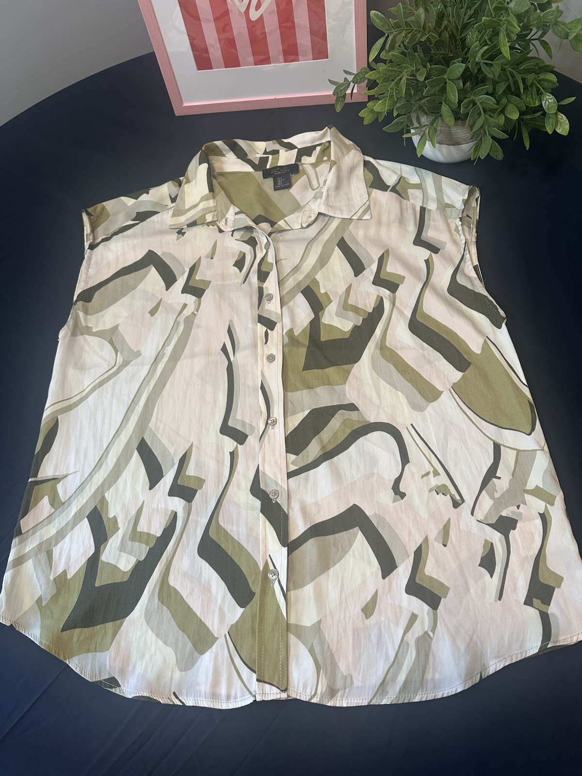 RACHEL Rachel Roy L Sleeveless Collared Button-Up Blouse Abstract Wht/Grn