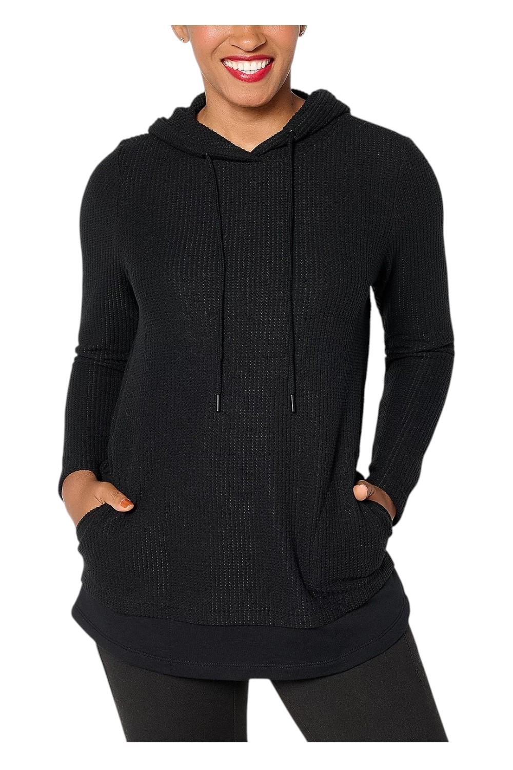 Denim & Co. Women`s Active Waffle Knit Hooded Pullover Black